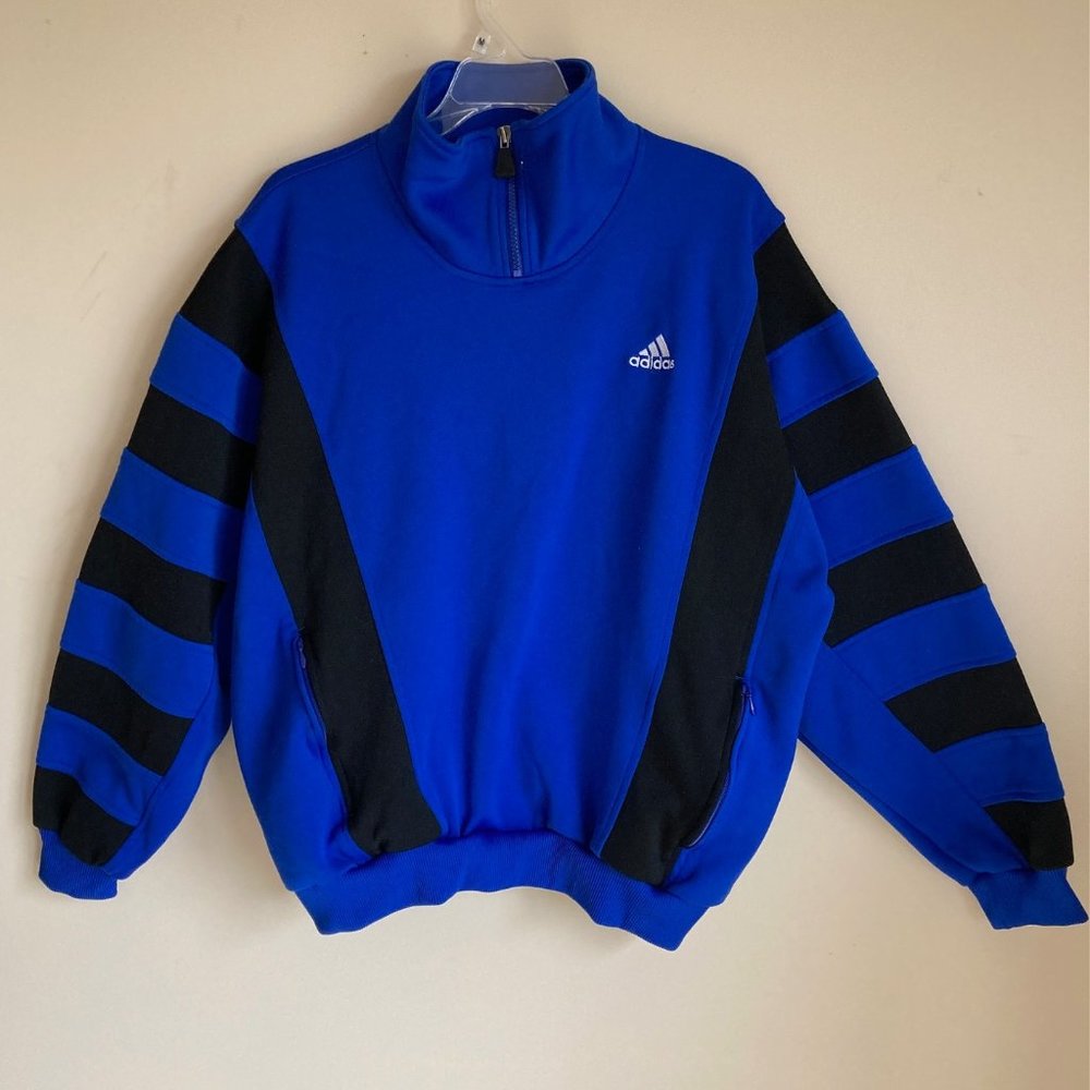 VTG ADIDAS Blue & Black Collared 1/4 Zip Pullover Sz L Zippered Pockets Stripes
